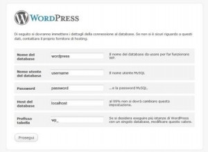 Ecco la schermata per la configurazione on-line di WordPress con i dati del database